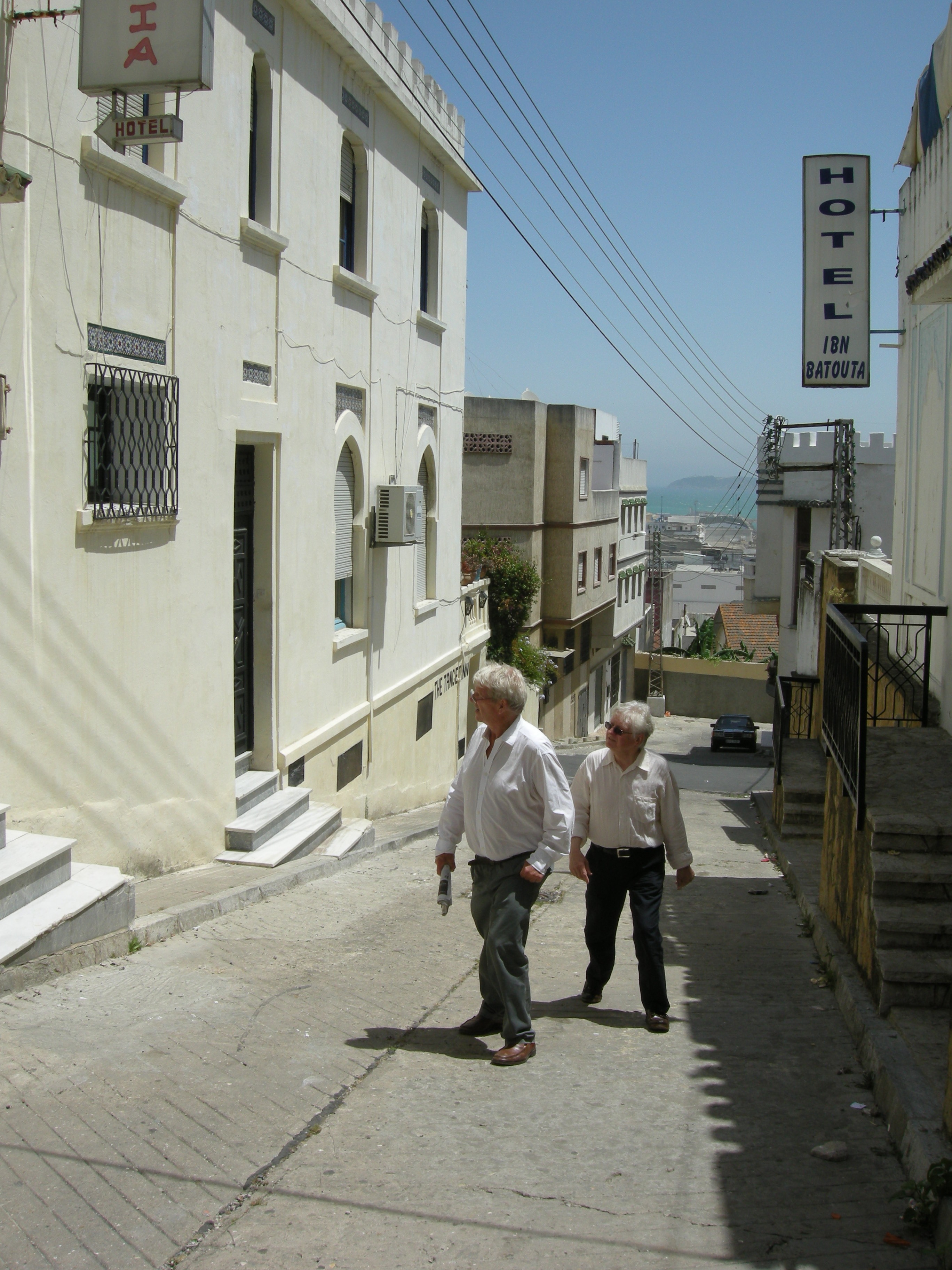Miles and Christopher outside Hotel Muniria, Tangier [left]
